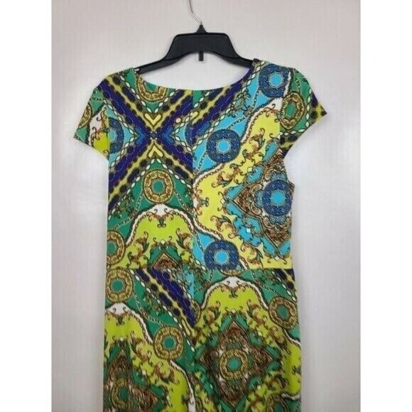 Roz & Ali Womens BOHO Sheath Dress Sz 16 Green Blue Floral Knot Front Cap Sleeve - Picture 5 of 8